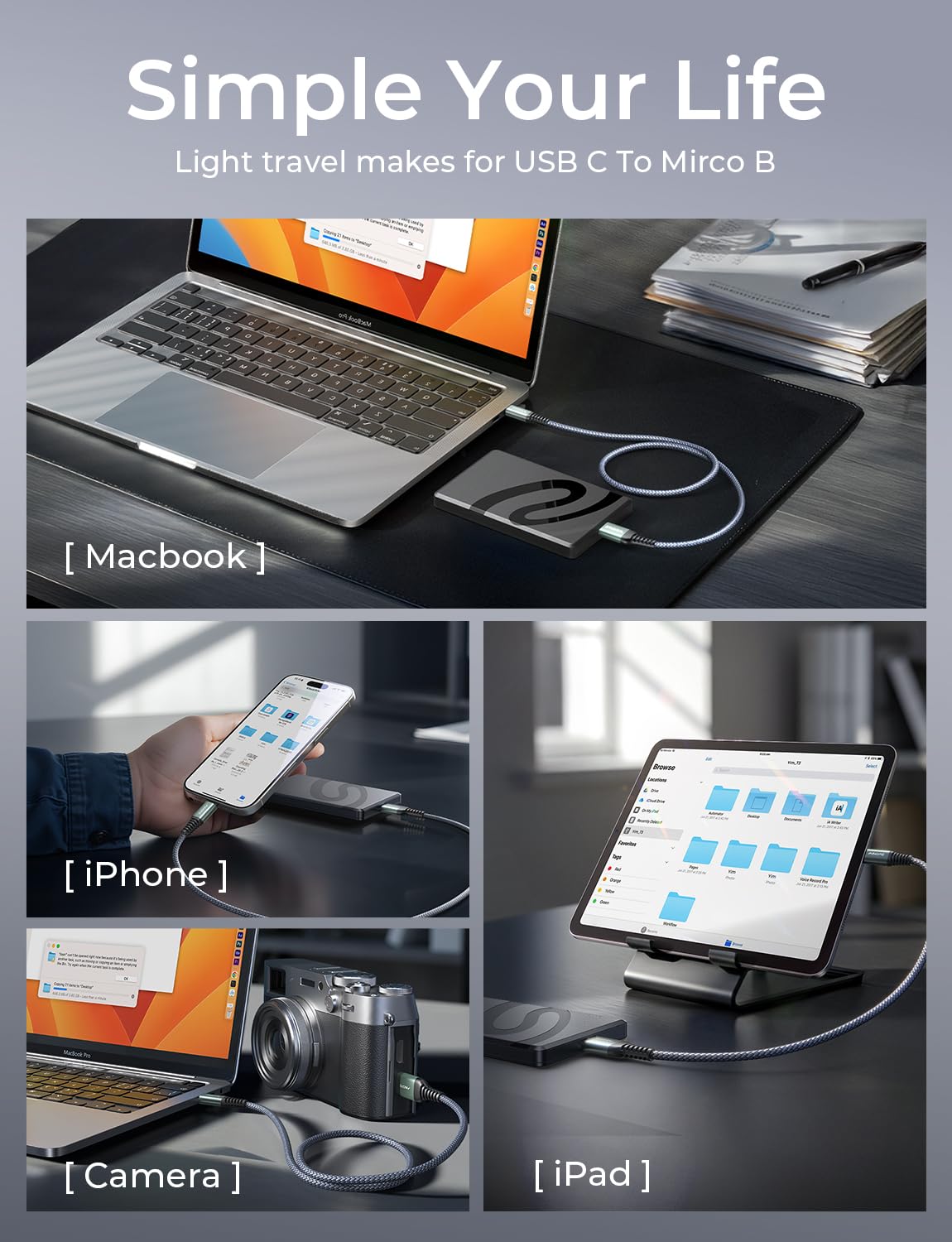 Кабель AINOPE USB 3.0 Type C Male to Micro B Male, 10Gbps, 0.5м grey - Зображення 6