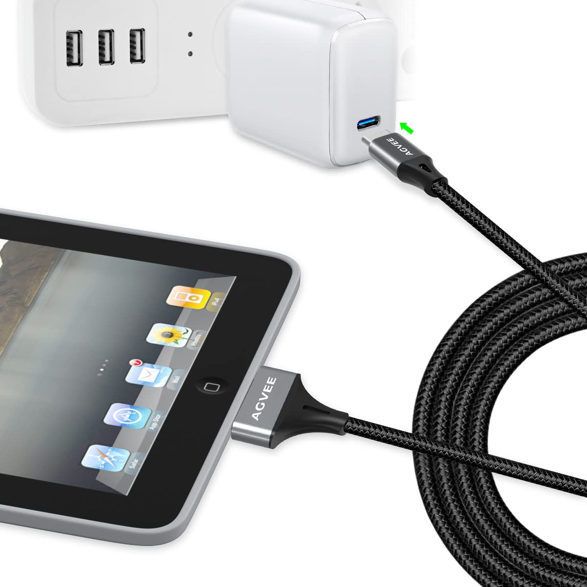 Кабель AGVEE Type-C to 30pin Lightning для iPhone 4/4S iPad 1/2/3 iPod, 480Mbps, 2.1А, 1м, dark grey - Зображення 3