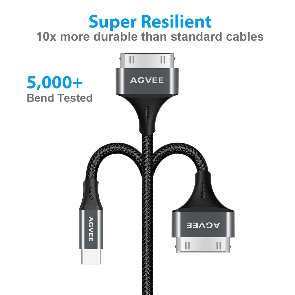Кабель AGVEE Type-C to 30pin Lightning для iPhone 4/4S iPad 1/2/3 iPod, 480Mbps, 2.1А, 1м, dark grey - Зображення 6